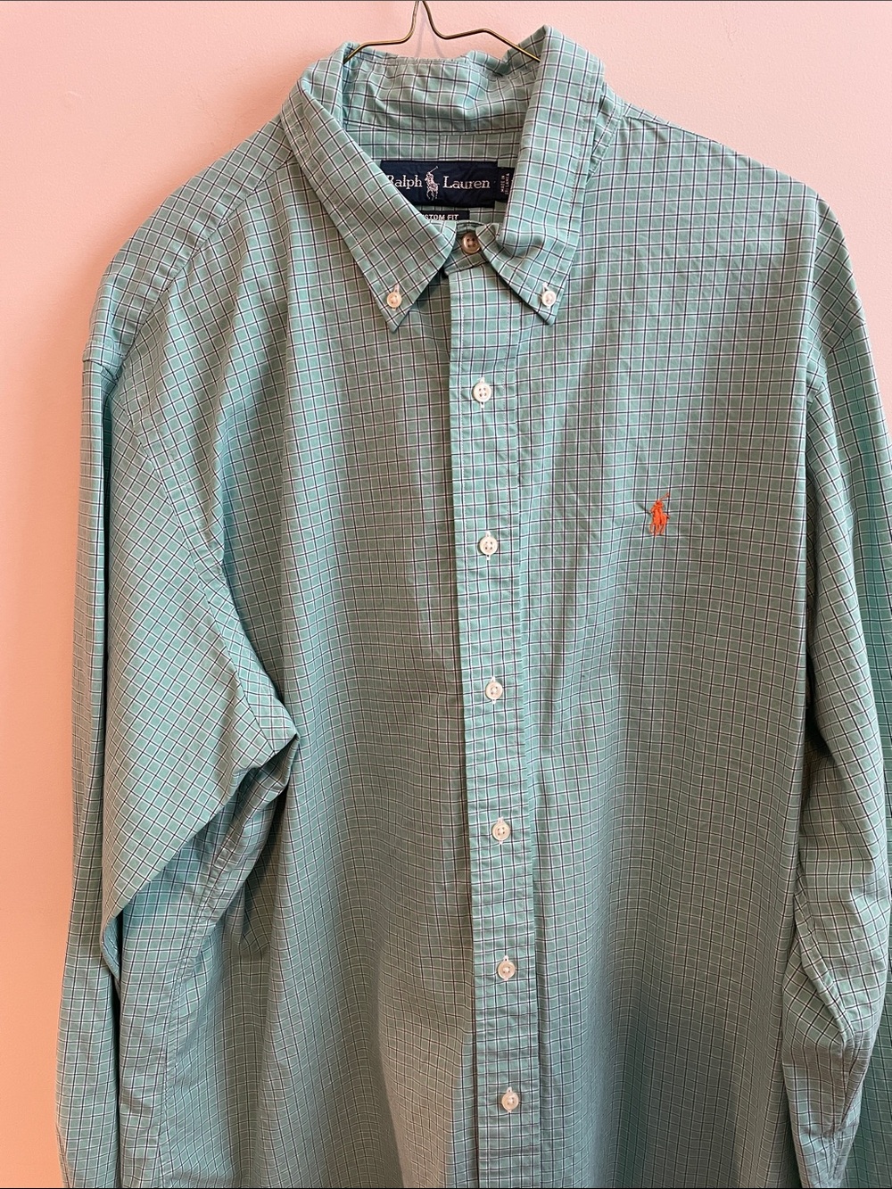 Ralph Lauren Light Green Grid Button-Down Shirt with Orange Pony
